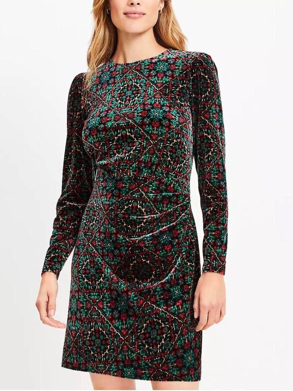 Long-Sleeve Velvet Patterned Dress in Green and Red